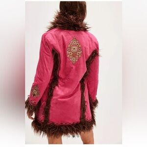 Free People Spell Joplin Jacket Faux Suede Fur Hypnotic Heart Pink Brown